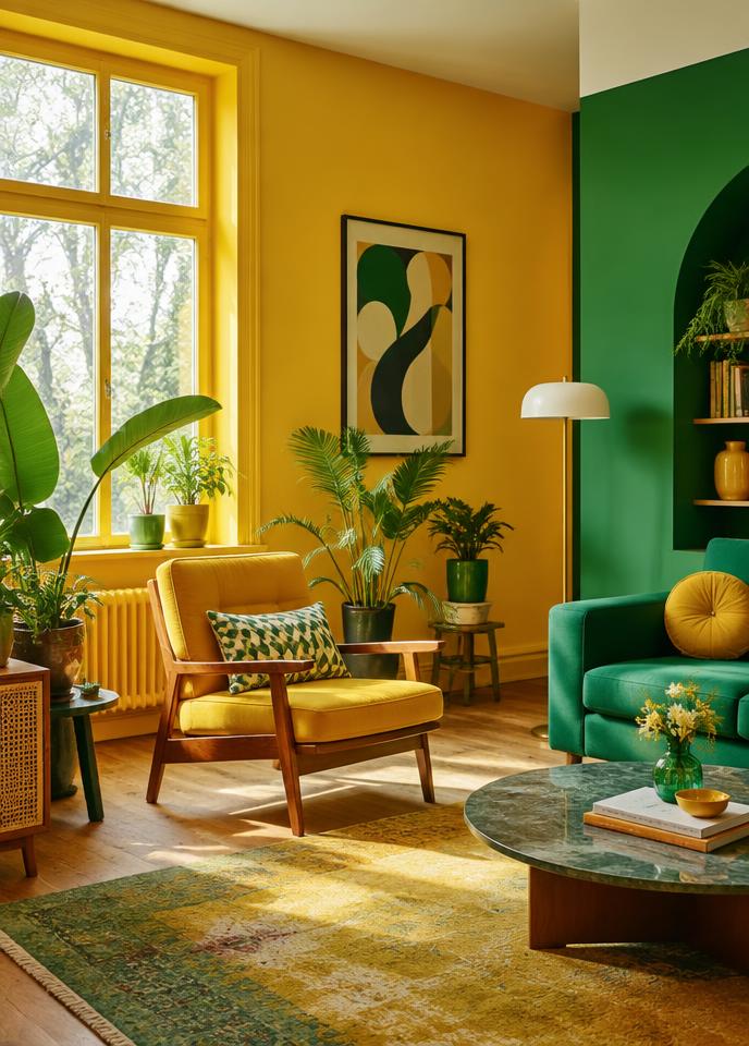 Colorful yellow and green living room